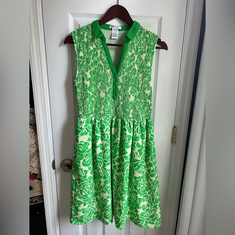 ModCloth Easley Neon Green Floral Dress Smocked Pockets Collar Retro Medium